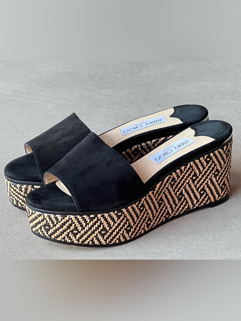 Jimmy Choo Deedee 80 Black Suede Chevron Raffia Platform Wedge Slides EU 38.5 - Picture 6 of 11